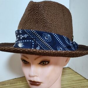 Frank Fedora by FRYE | Brown Woven Straw Hat Blue Bandana Unisex OSFM Excellent